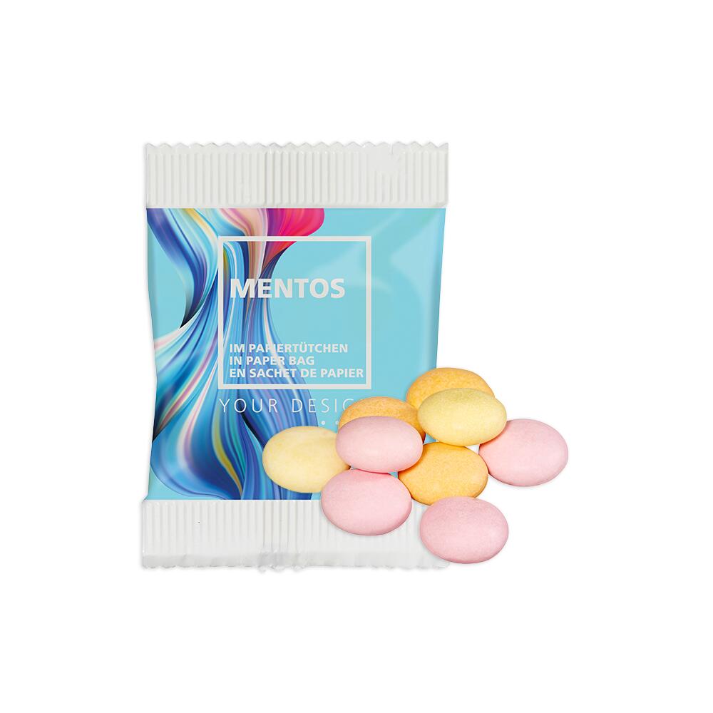 mentos mit Firmenlogo bedrucken | 500 Stück | Fruchtmix oder Classic Mints | Werbeartikel - Werbetütchen aus Papier