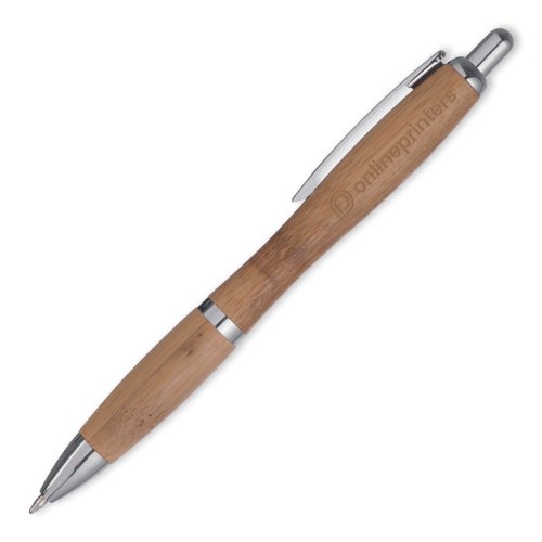 Hellbrauner Bambus-Kugelschreiber mit Clip und Druckmechanismus.