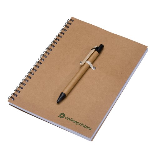 Recyclingpapier Schreibset mit Stift und Spiralbindung.