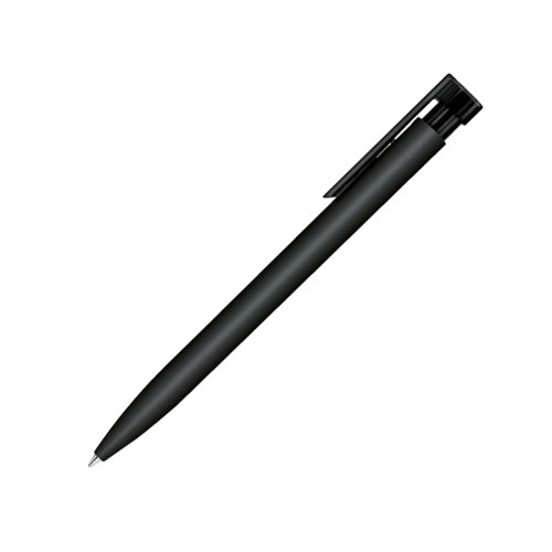 Schwarzer Kugelschreiber mit weicher Oberflche, Clip und Druckknopf.