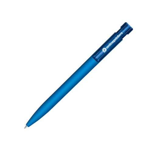 Blauer Kugelschreiber mit weicher Oberflche und Druckmechanik.