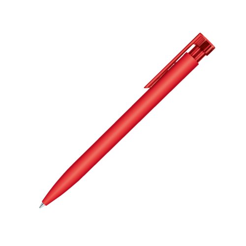 Roter Kunststoff-Kugelschreiber mit weicher Oberfl�che, Clip und Druckmechanismus.