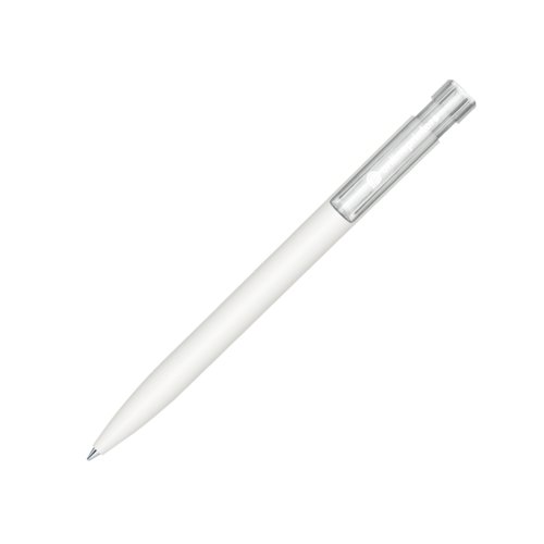 Weier Kugelschreiber mit weicher Oberflche und Druckknopf.