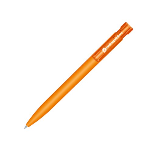 Oranger Kunststoff-Kugelschreiber mit Druckmechanik und Soft-Touch-Oberflche.
