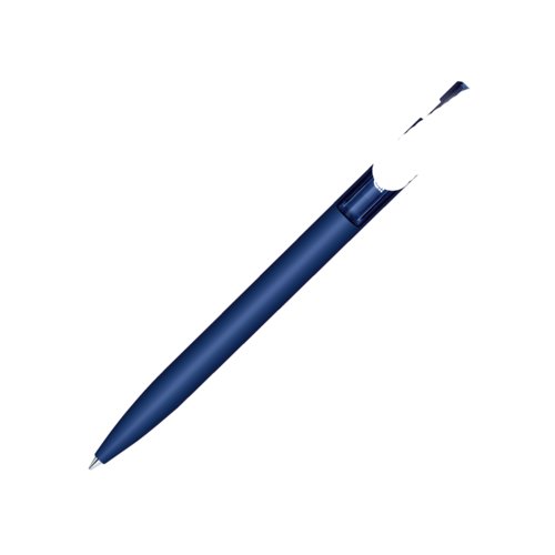 Dunkelblauer Kugelschreiber mit Druckmechanik und Metallelementen.