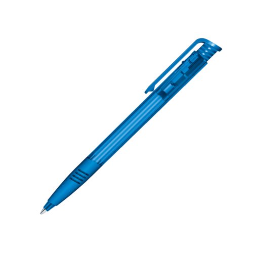 Blauer Kunststoff-Kugelschreiber mit Druckmechanik und Clip.