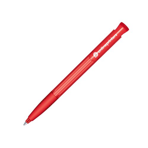 Roter Kunststoff-Kugelschreiber mit Druckmechanik und weichem Griff.