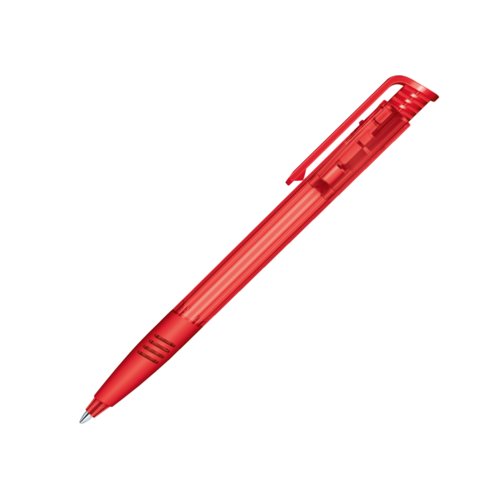 Roter Kunststoff-Kugelschreiber mit Clip und Druckknopfmechanismus.
