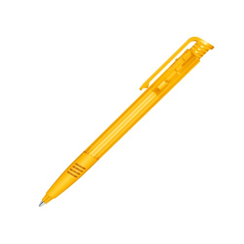 Gelber Kunststoff-Kugelschreiber mit Clip und Druckknopfmechanik.
