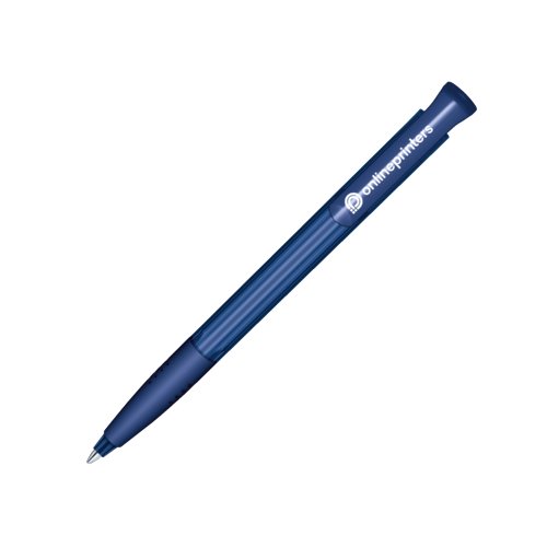 Dunkelblauer Kunststoff-Kugelschreiber mit Druckknopf und Soft-Grip.