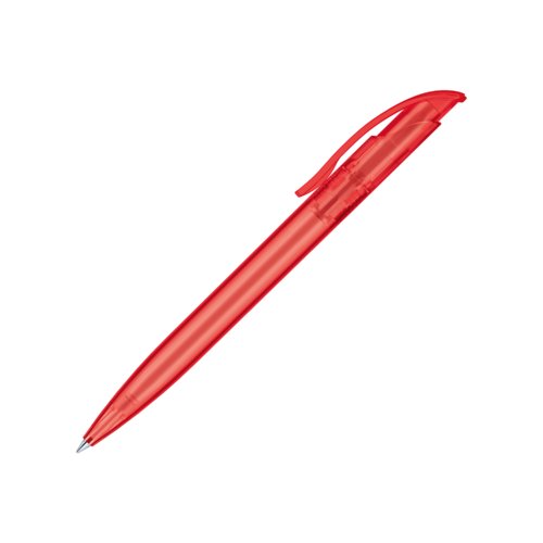Roter Kunststoff-Kugelschreiber, mattiert, mit Clip und Druckmechanik.