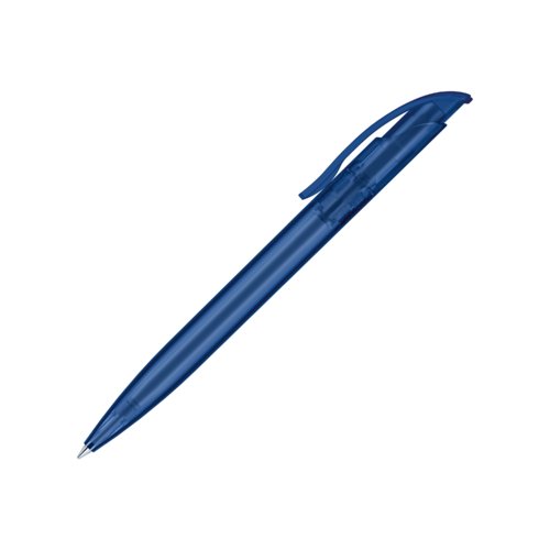 Dunkelblauer, matter Kugelschreiber mit Clip und Druckknopf.