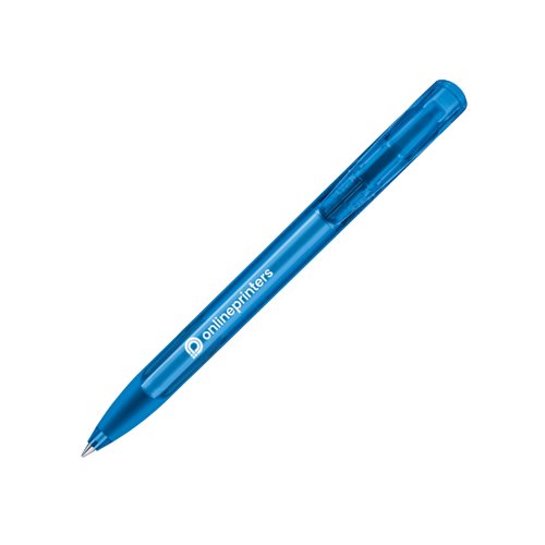 Blauer Kunststoff-Kugelschreiber mit weichem Griff und Druckmechanismus.
