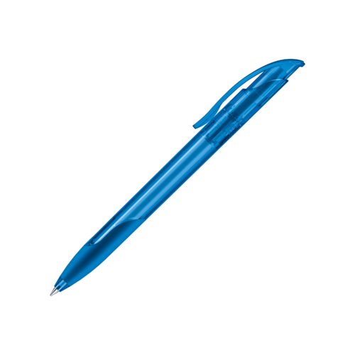 Blauer Kunststoff-Kugelschreiber mit weichem Griff und Clip.