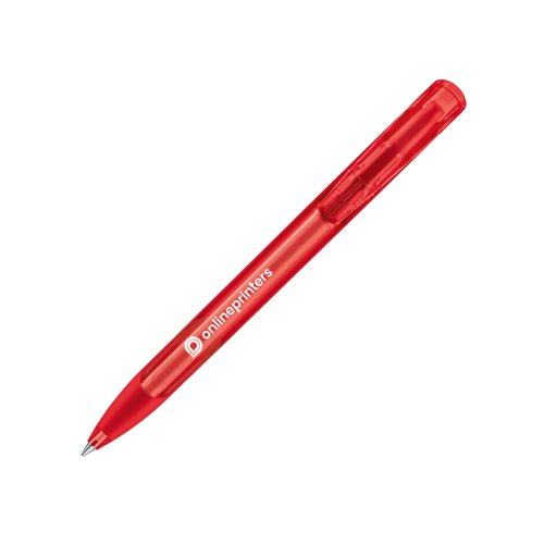 Roter Kugelschreiber aus Kunststoff mit Druckknopf und Soft-Griffzone.