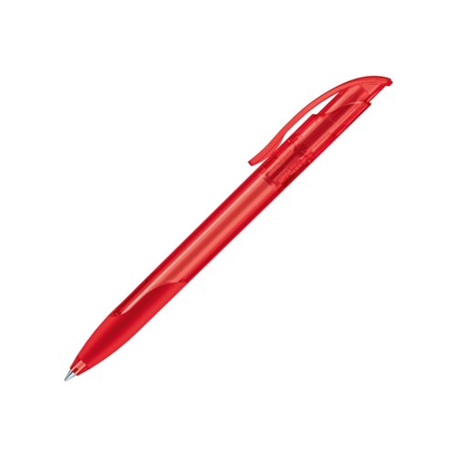 Roter Kunststoff-Kugelschreiber mit Clip und Druckknopfmechanik.