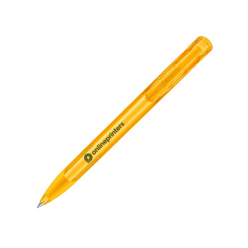 Gelber Kunststoff-Kugelschreiber mit Druckknopf und Soft-Grip.