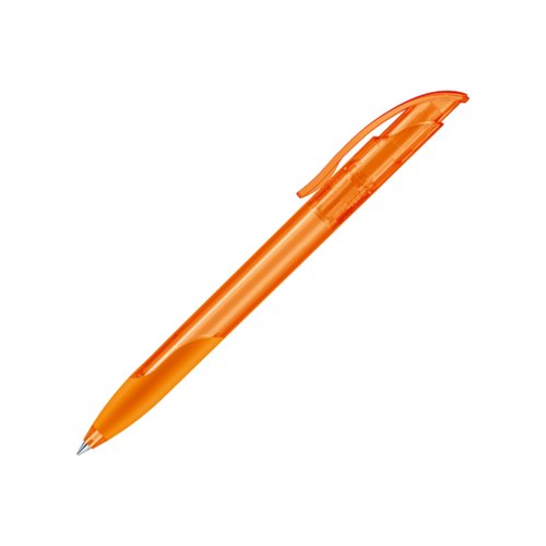 Orangefarbener Kugelschreiber aus Kunststoff mit weichem Griff und Clip.