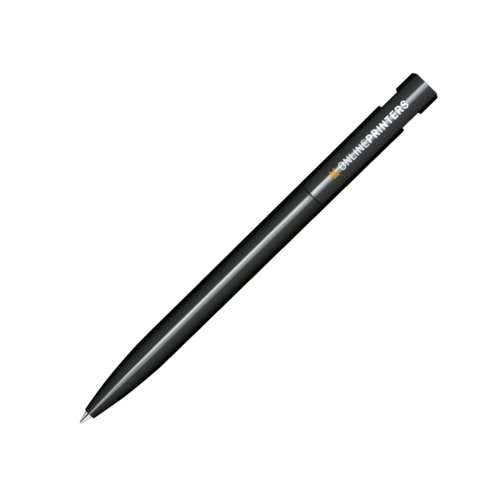 Schwarzer Kunststoff-Kugelschreiber mit glnzender Oberflche und Druckmechanismus.