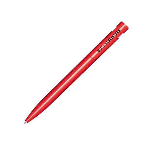 Roter Kugelschreiber aus Kunststoff mit glnzender Oberflche und Druckmechanik.