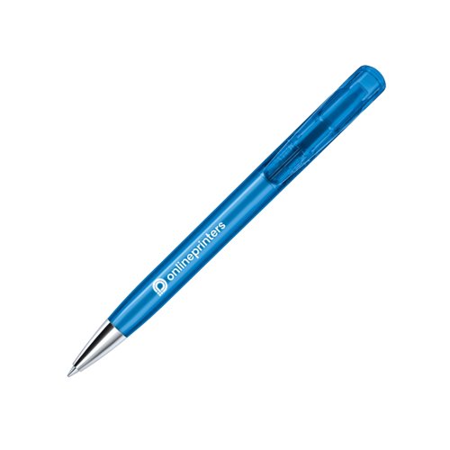 Blauer Kunststoff-Kugelschreiber mit Metallelementen und Druckmechanismus.