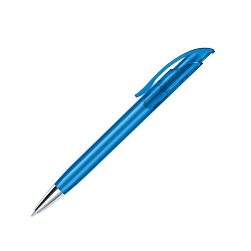 Blauer Kunststoff-Kugelschreiber mit Metallelementen und Clip.