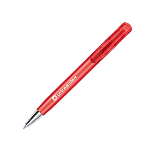 Roter Kunststoff-Kugelschreiber mit Metalkspitze und Druckmechanismus.