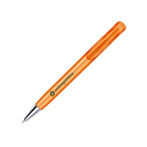 Oranger Kunststoff-Kugelschreiber mit Metallelementen und Druckmechanik.