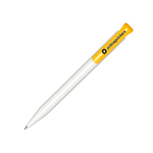 Weier/gelber Kunststoff-Kugelschreiber mit Druckmechanik.