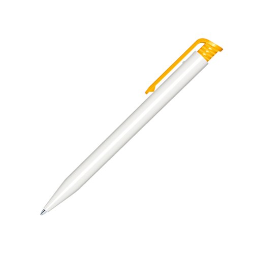 Weier Kunststoff-Kugelschreiber mit gelbem Clip und Druckmechanismus.
