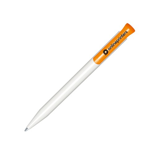 Weier/Oranger Kunststoff-Kugelschreiber mit Druckmechanik.