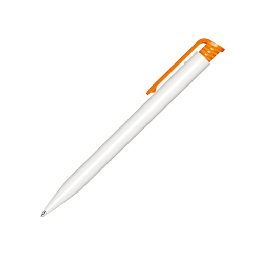 Weier Kunststoff-Kugelschreiber mit orangem Clip und Druckmechanismus.