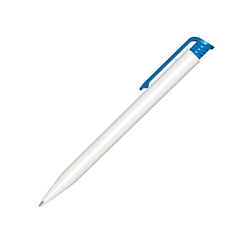 Weier Kunststoff-Kugelschreiber mit blauen Akzenten und Druckmechanismus.