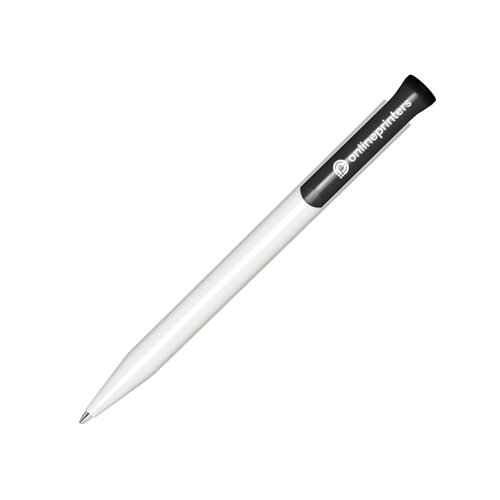 Weier Kunststoff-Kugelschreiber mit glnzender Oberflche und Druckknopf.