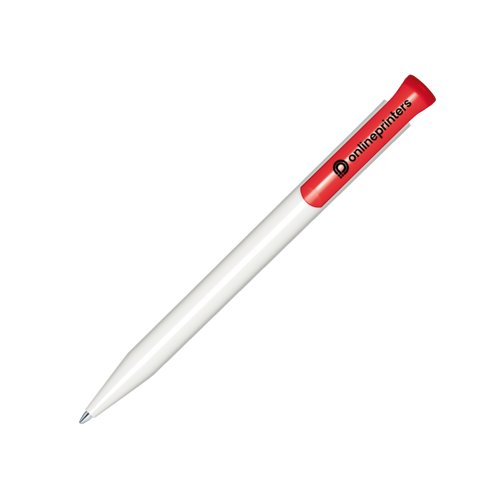 Wei-roter Kugelschreiber mit Clip und Druckmechanismus.