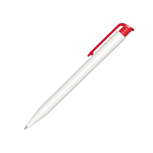 Weier Kunststoff-Kugelschreiber mit rotem Clip und Druckmechanismus.