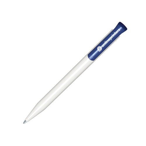 Weier Kunststoff-Kugelschreiber mit navyfarbenem Detail und Druckmechanismus.