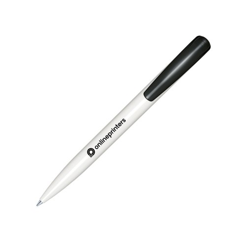 Weier Kunststoff-Kugelschreiber mit polierter Oberflche und Druckknopfmechanik.
