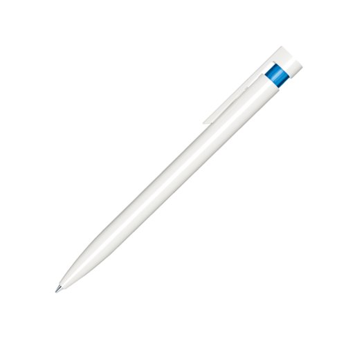 Blauer Kunststoff-Kugelschreiber mit polierter Oberflche und Clip.