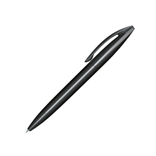 Schwarzer Kugelschreiber mit glnzender Oberflche, Clip und Drehmechanismus.