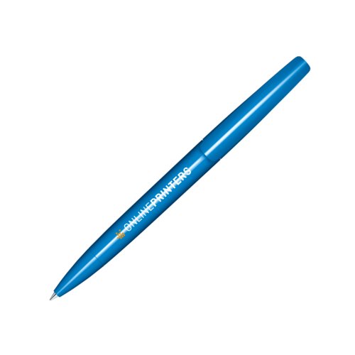 Blauer Kunststoff-Drehkugelschreiber mit polierter Oberflche.