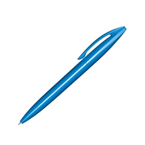 Blauer Kunststoff-Kugelschreiber mit glnzender Oberflche und Clip.