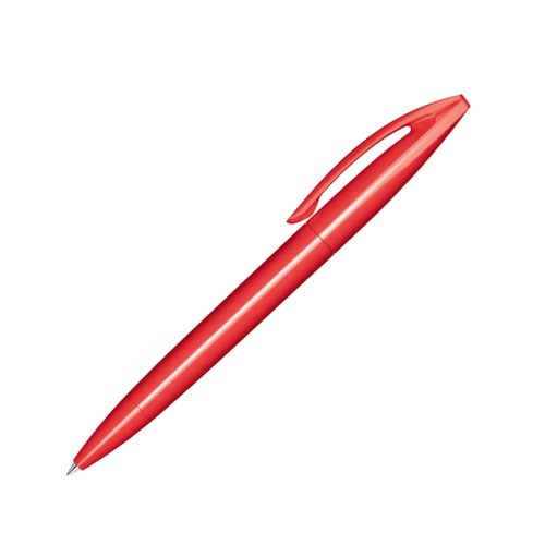 Roter Kugelschreiber aus Kunststoff mit polierter Oberflche und Drehmechanismus.