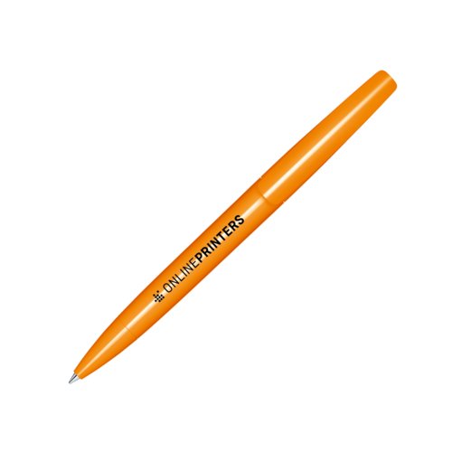 Orangefarbener Kugelschreiber aus Kunststoff mit Drehmechanismus.