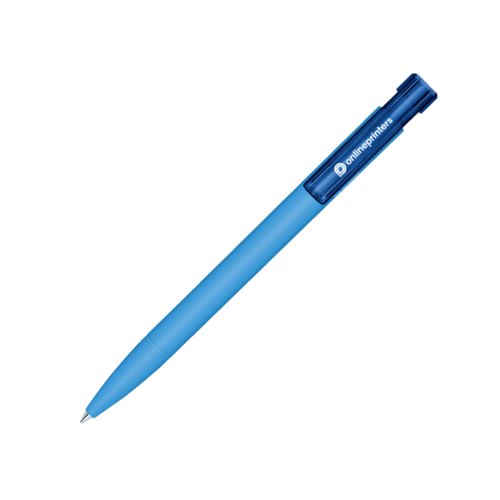 Blauer Bio-Kunststoff-Kugelschreiber mit Druckmechanik.