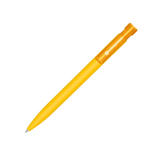 Gelber Bio-Druckkugelschreiber mit Clip und Druckmechanismus.