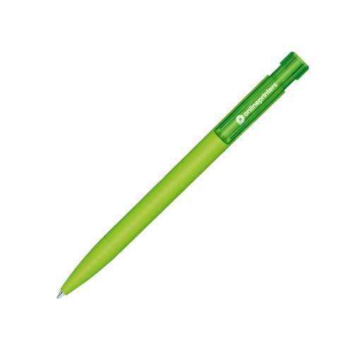 Grner Bio-Kugelschreiber mit Druckmechanik und Clip.