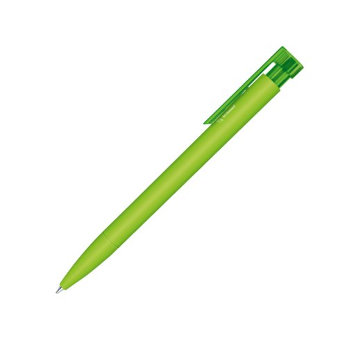 Grner Bio-Kunststoff Kugelschreiber mit Clip und Druckknopf.