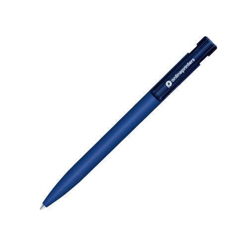 Dunkelblauer Kugelschreiber aus Bio-Kunststoff mit Druckknopf.