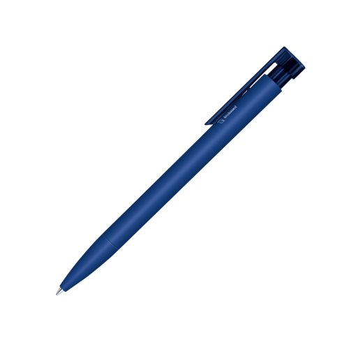 Dunkelblauer Bio-Kugelschreiber mit Clip und Druckmechanismus.